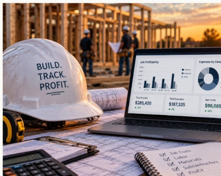 Hard hat reading Build. Track. Profit. next to a laptop showing job profitability