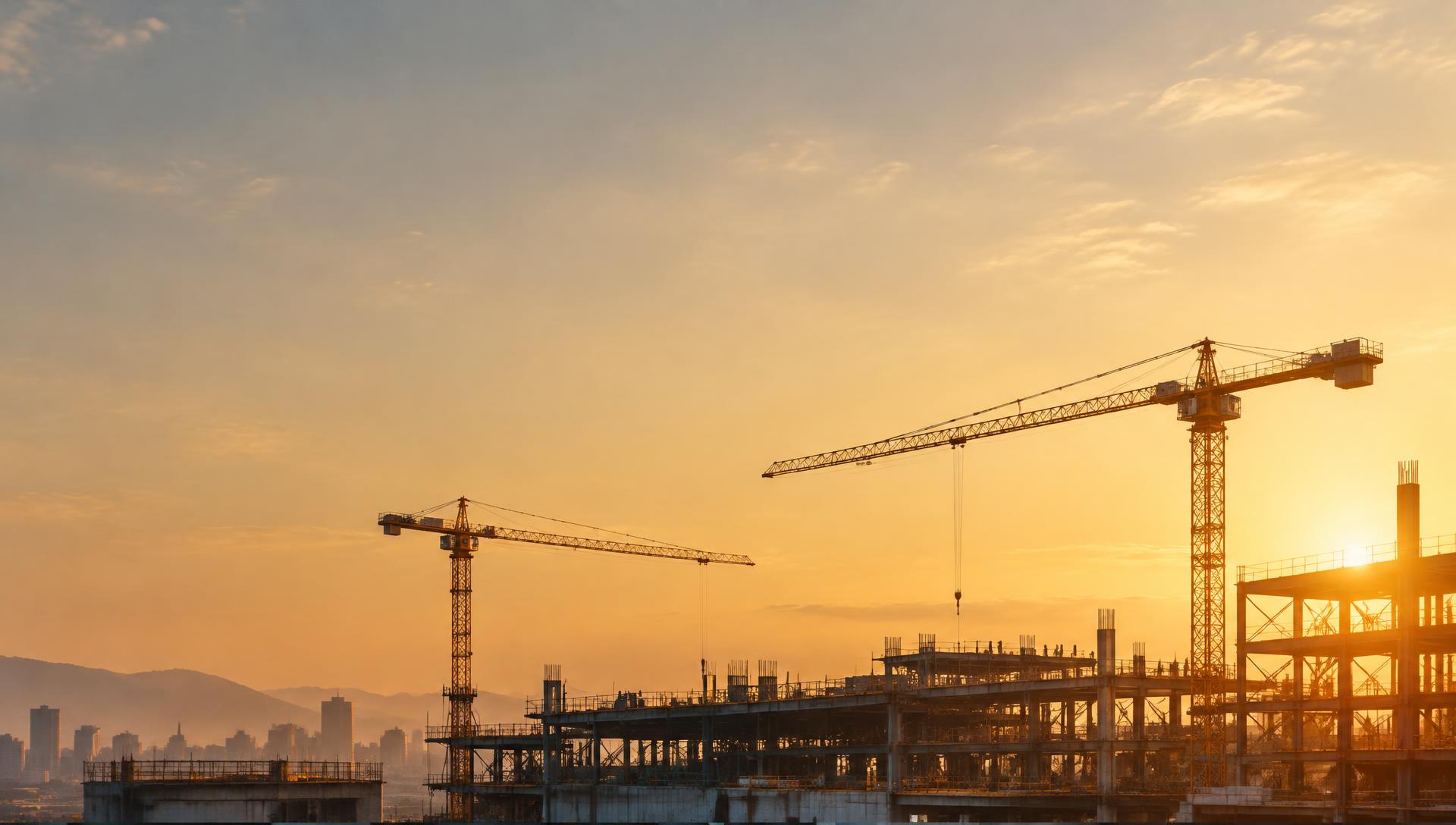Construction cranes at sunrise