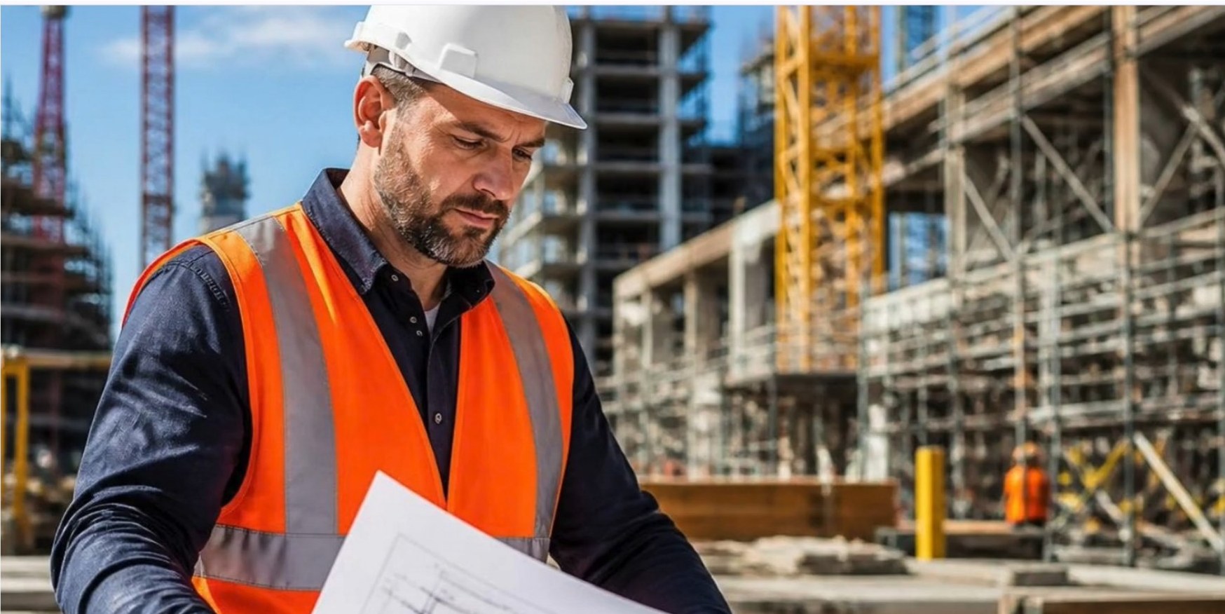 Contractor reviewing blueprints on a job site
